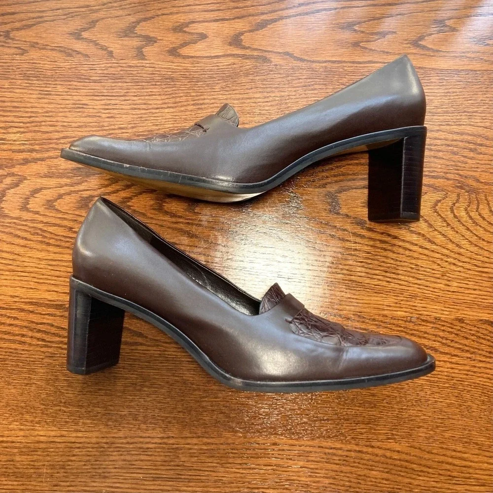 VTG Worthington Embossed Dark Brown Leather Chunky Block Heel Womens 7.5 Y2k